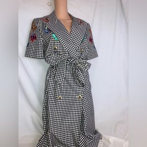 Escada Vintage 80s Black and White Checker Gingham Butterfly Embroidered Dress